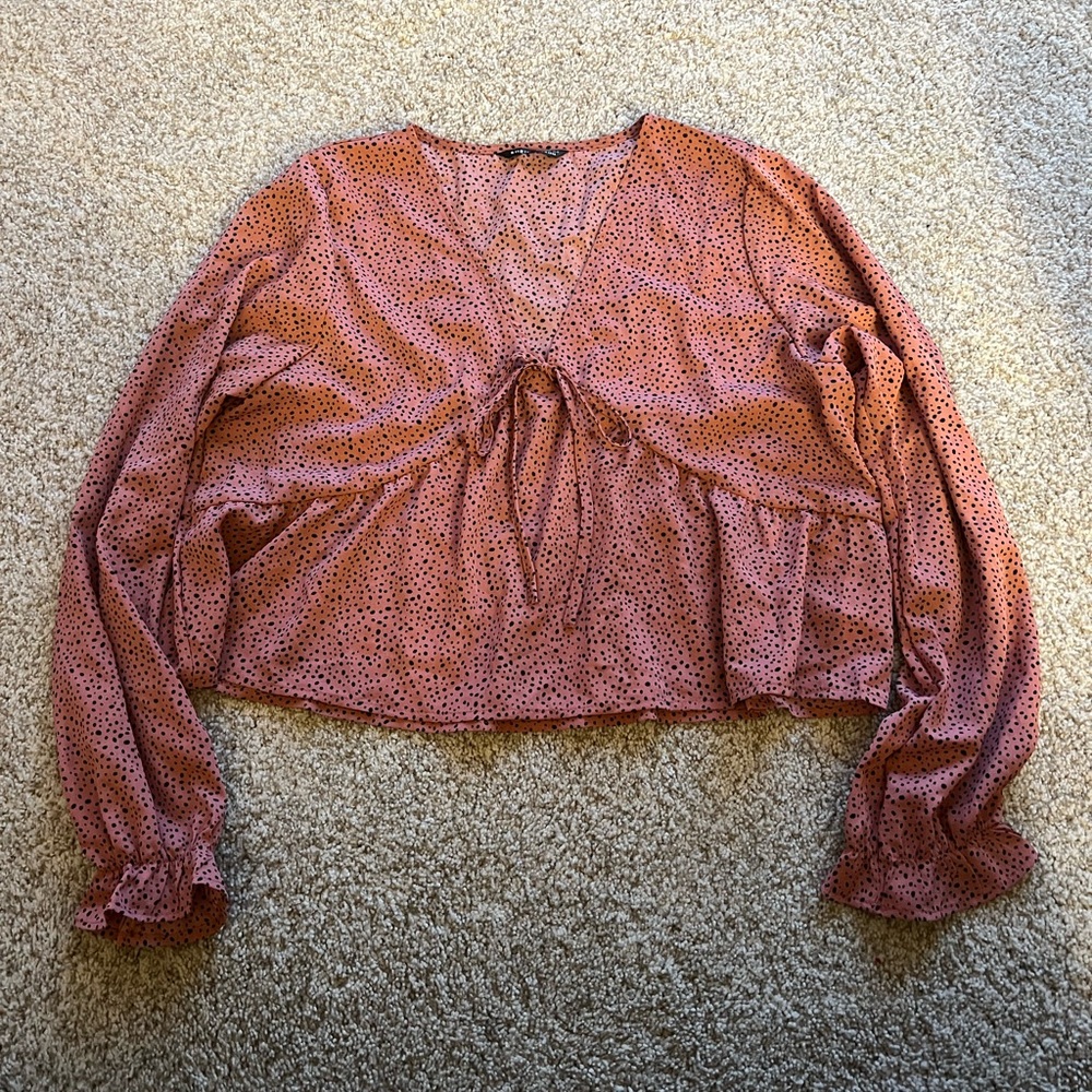 Pink Blouse with Black polka dots and tie front